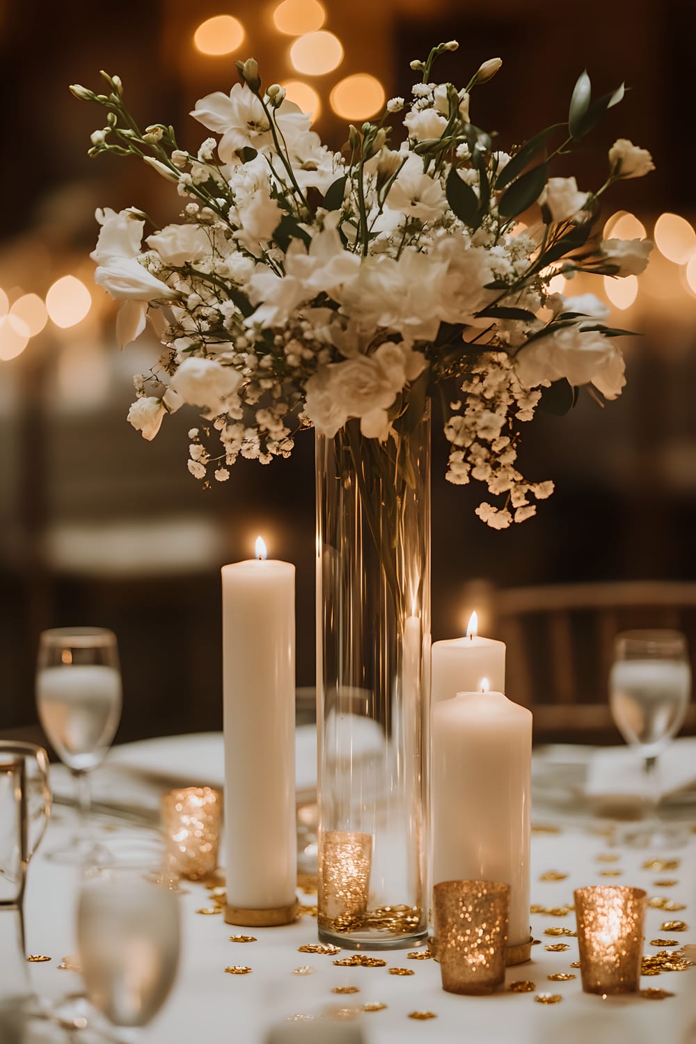 A sophisticated New Year's Eve dining table centerpiece features a tall glass vase filled with white and gold flowers, four white pillar candles in golden holders, and scattered gold confetti pieces. The table is elegantly set with white tableware, and soft ambient lighting further enhances the setting.