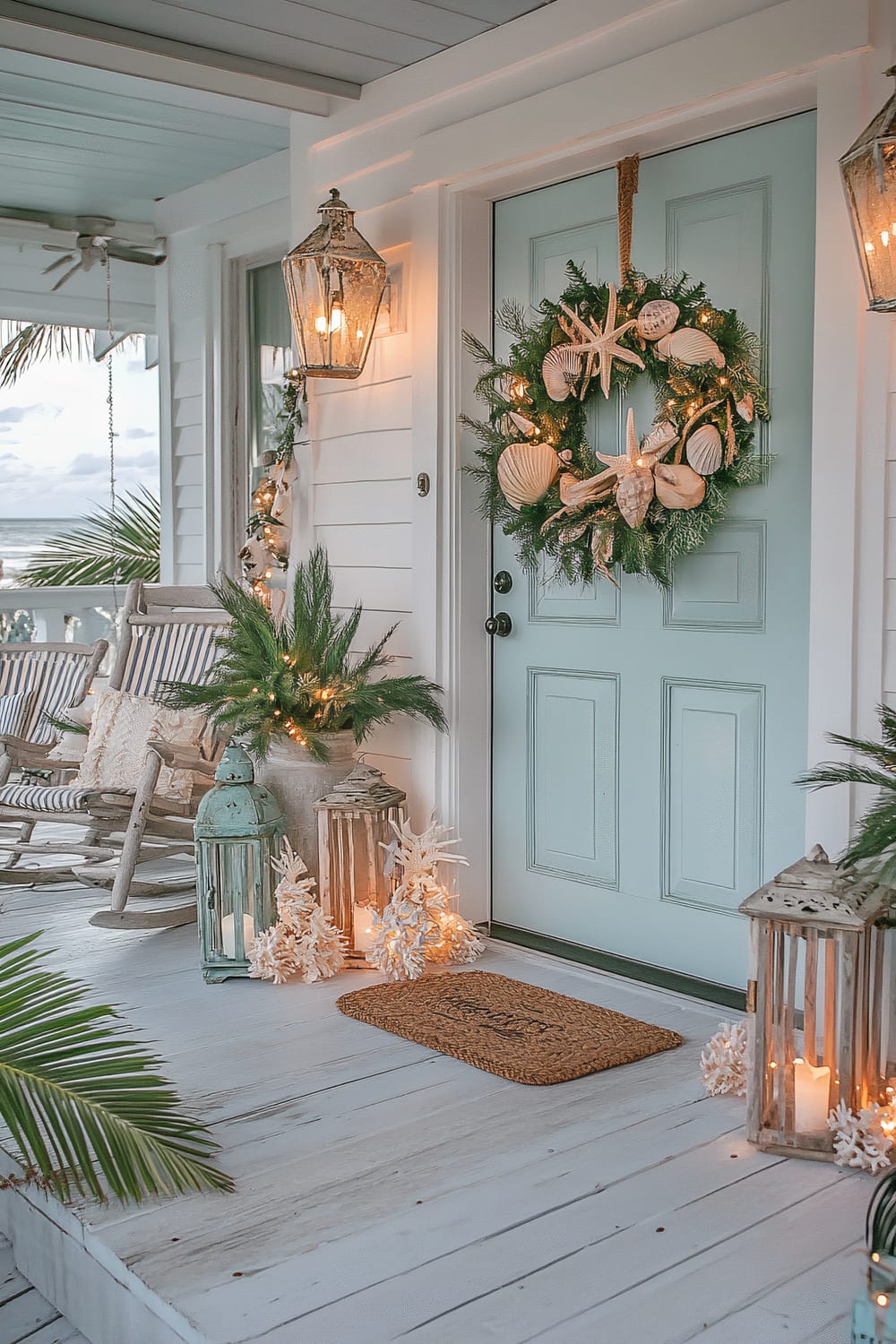 A coastal-themed Christmas porch features a large wreath made of seashells, starfish, and greenery hanging on a pale blue door. The porch is decorated with potted palms wrapped in twinkling white lights and nautical lanterns with glowing candles placed on either side of the steps. Driftwood decorations and coral accents are scattered around, accompanied by a simple striped beach towel draped over a chair, enhancing the relaxed, festive coastal atmosphere.