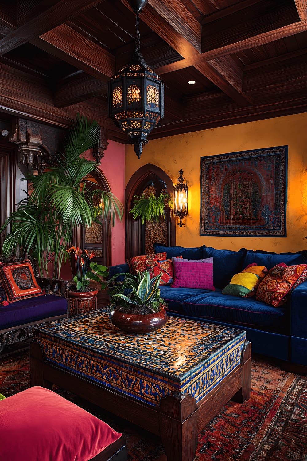 A vibrant living room depicting a rich palette of jewel tones in a Moroccan inspired setup. The room features a deep-toned velvet sofa, a mosaic-tiled coffee table, and low wooden seats with colorful cushions. Several plants in ornate metal pots can be seen, including ferns and snake plants. The decor is replete with patterned rugs, lantern-style lighting from pendant lights and table lamps, and wall tapestries that exude a warm, bohemian ambiance.