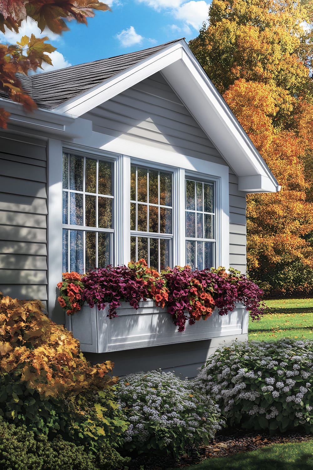 A close-up view of a house's window with white frames and multiple panes, featuring a flower box filled with bright orange and purple flowers. The house has light gray siding, and the surrounding garden includes a variety of bushes with white blossoms. The backdrop is an autumn scene with trees displaying vibrant fall foliage in shades of orange, yellow, and green. The sky is blue with scattered white clouds.