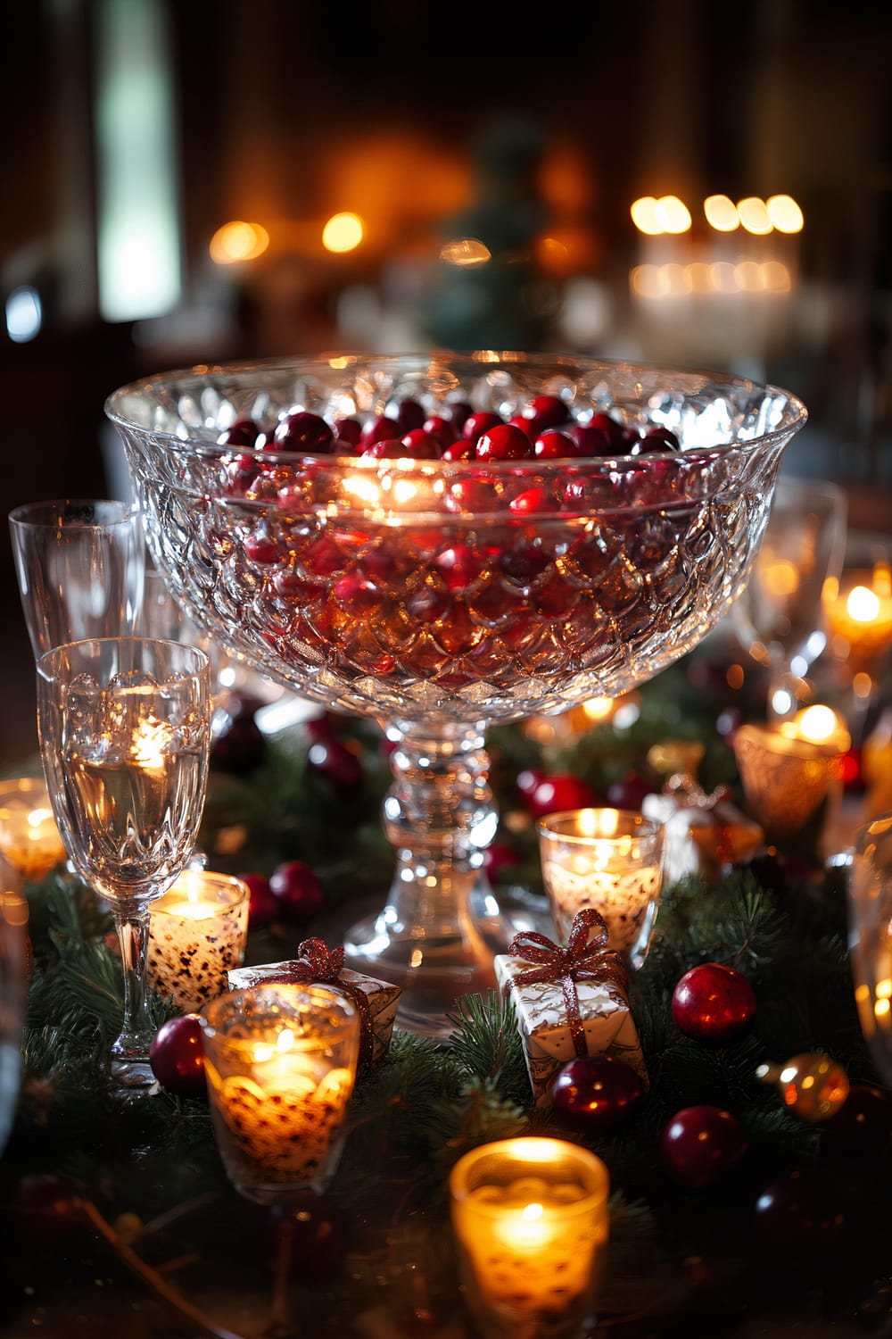 A beautifully set holiday table featuring a large crystal bowl filled with red ornaments. The table is adorned with small candles, wrapped presents, and festive greenery, creating a warm, elegant ambiance with glowing candlelight.