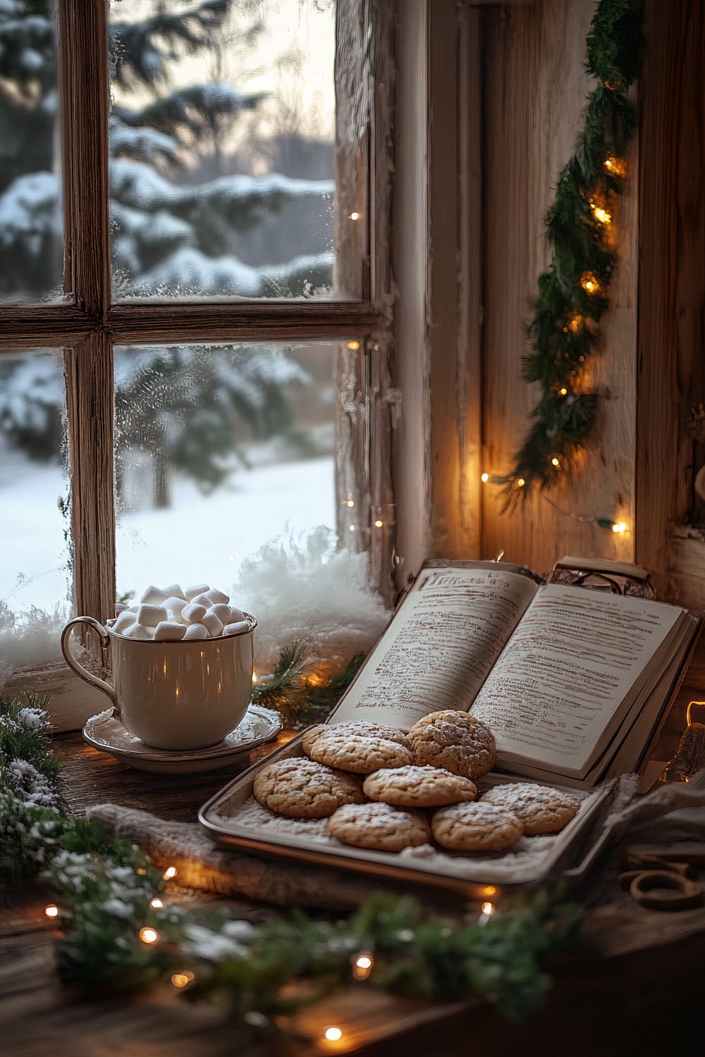 A warm indoor scene by a frost-lined window, showcasing a rustic wooden table adorned with a tray of freshly baked cookies dusted with powdered sugar and a steaming mug of hot chocolate topped with fluffy marshmallows. An open book lies next to the treats, with the glow of Christmas lights and delicate green garlands adding to the festive ambiance. Snow-covered trees are visible outside the window, enhancing the wintery atmosphere.