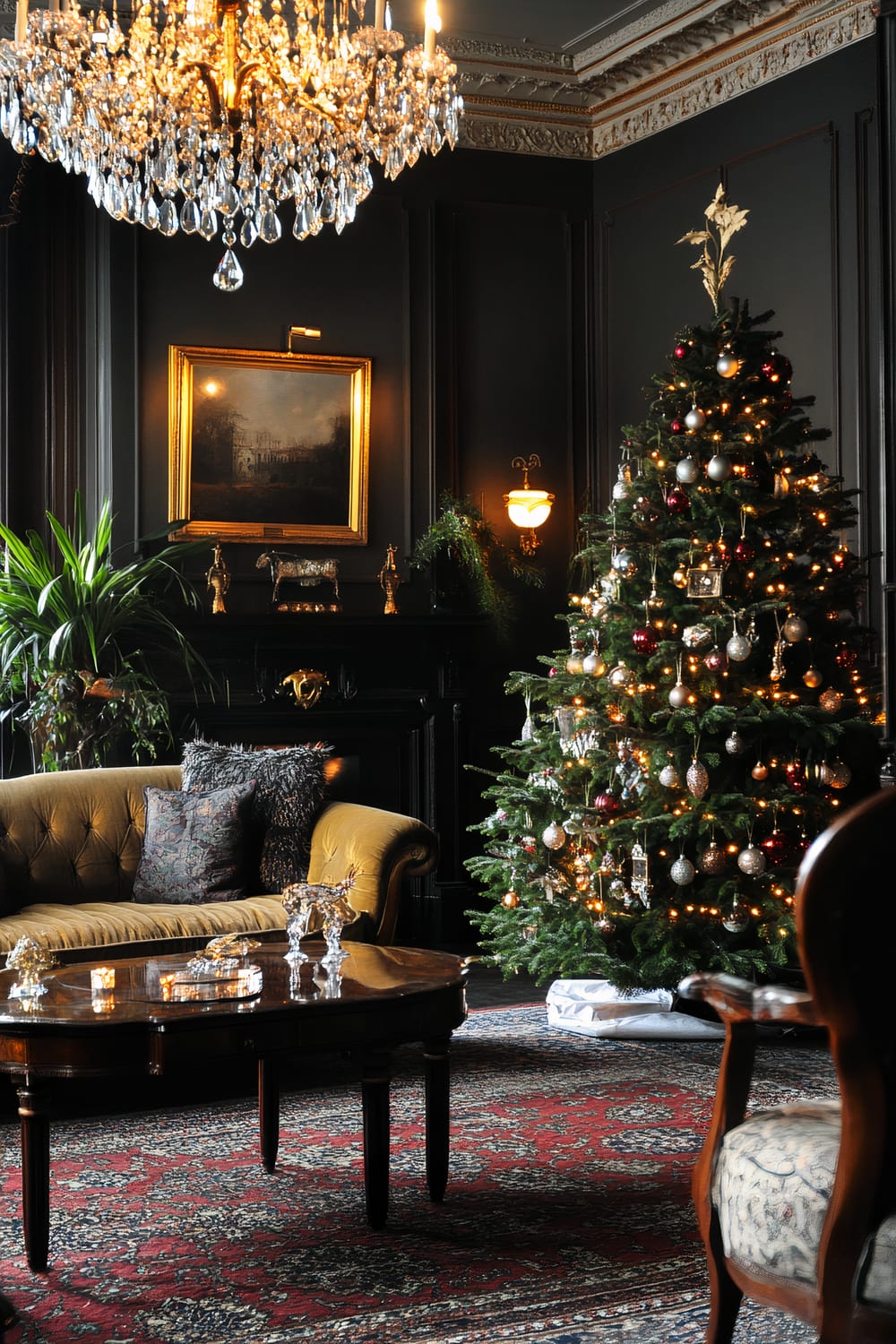 An Edwardian sitting room decorated for Christmas with a vintage Christmas tree adorned with delicate glass ornaments. The room features antique furniture in deep hues, including a tufted velvet sofa, richly patterned rugs, and a classic dark wood coffee table with decorative items. A large crystal chandelier casts a festive shimmer over the space. There are plants and a mantelpiece with small sculptures and a framed painting on the wall.