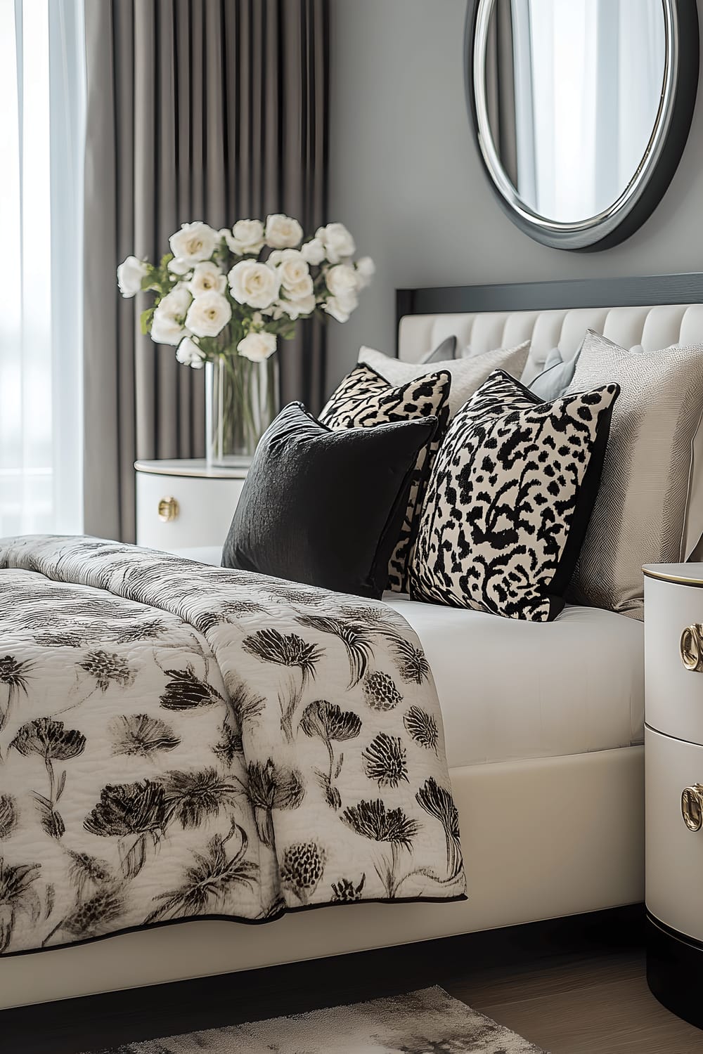 A chic bedroom in Milan showcasing a queen-sized bed with layers of grey and white bedding. The bed is adorned with a mix of black and white throw pillows for diversity in patterns and textures. A pristine white dresser with shiny gold knobs rests against a wall, a vase filled with white roses sits on top. A large, round mirror with a solid black frame is hung on the wall, reflecting a sense of elegance. The floor features rich hardwood partially concealed by a luxurious grey rug. Natural light seeps into the room through expansive windows cloaked with sheer white curtains