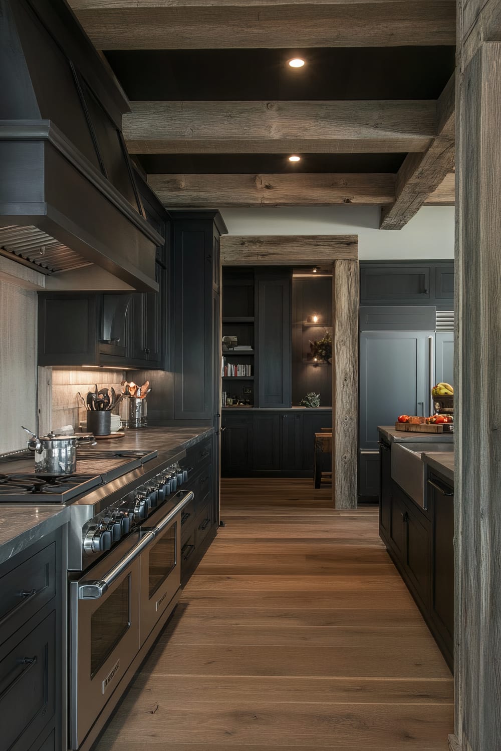 A moody farmhouse kitchen featuring deep charcoal cabinetry and dark walnut countertops. The kitchen is viewed from a doorway, showing a stainless steel range with matte black finishes as the focal point. To the right, a built-in refrigerator with sleek handles blends into the cabinetry. The kitchen has subdued ambient lighting from vintage-style sconces and exposed wooden beams on the ceiling, adding texture along with a stone backsplash.