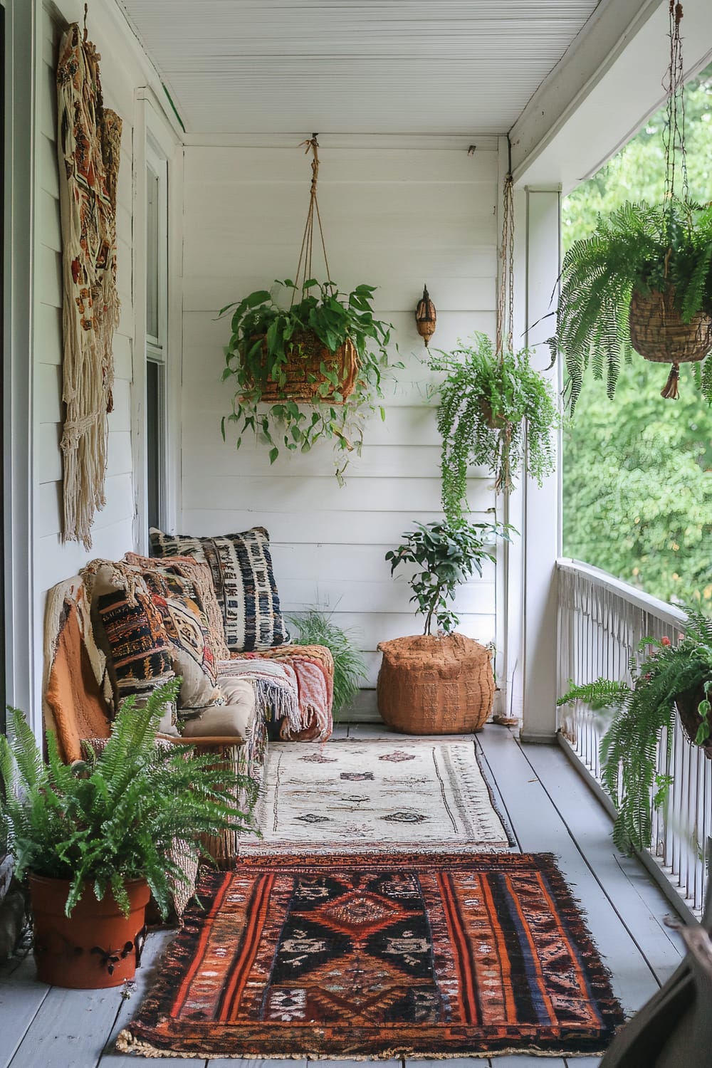 This image shows a porch decorated with a mix of Bohemian and rustic elements. The floor is covered with multiple patterned rugs in earthy tones, with a wooden bench adorned with ethnic-patterned throw pillows and blankets. The walls are white, enhancing the contrast with the green plants placed in pots and hanging baskets around the space. A macramé wall hanging adds to the boho vibe alongside the plant-filled ambiance.