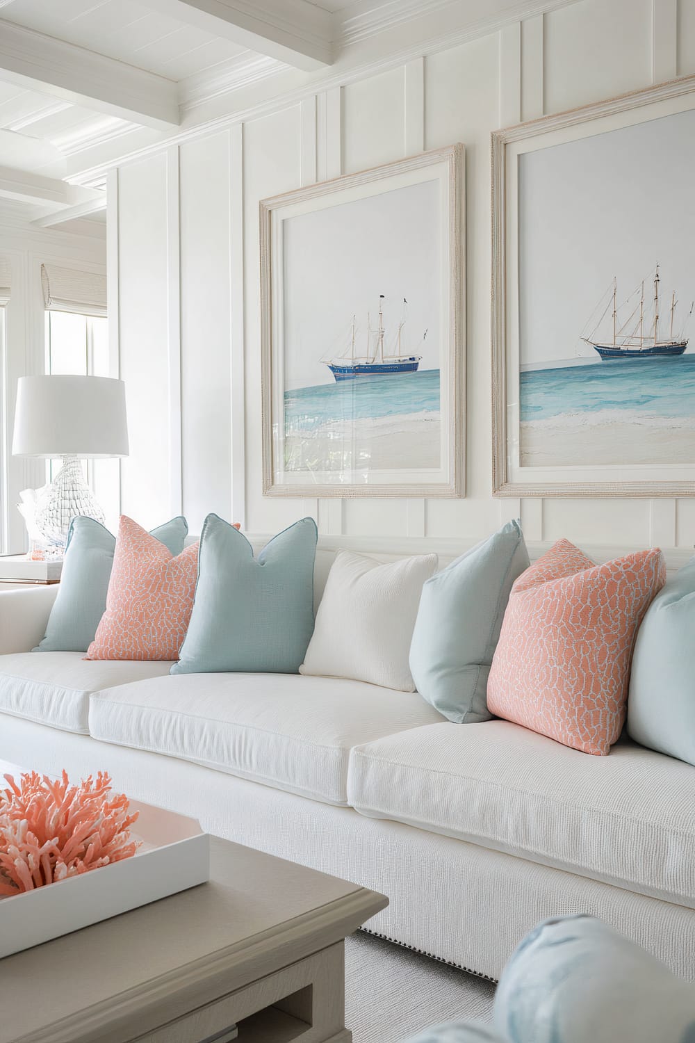 A white and airy coastal-themed living room featuring a white sofa adorned with light blue and coral-patterned throw pillows. The backdrop consists of two framed nautical paintings depicting ships on a calm sea. To the left of the sofa is a white table lamp with a textured base resembling coral. In front of the sofa is a light wood coffee table with a white tray holding a coral ornament. The room is brightened by natural light from large, partially visible windows.