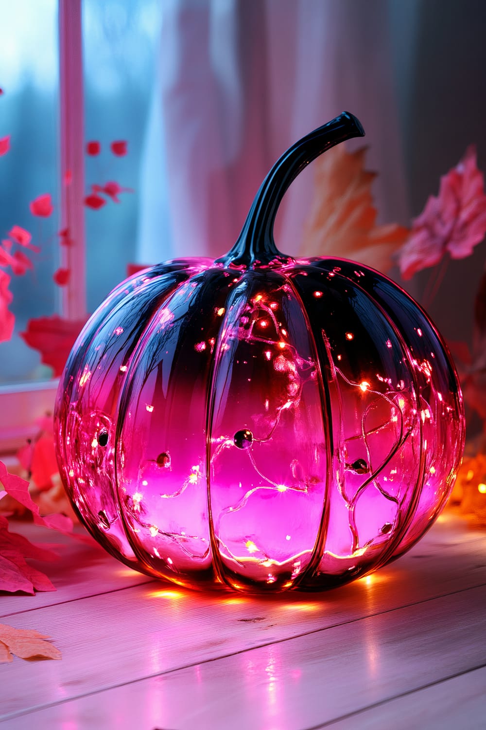 A large, neon pink and black glass pumpkin filled with glowing LED lights, placed on a simple wooden table. The surrounding decor is muted with soft, neutral tones and subtle ambient lighting. In the background are white curtains and some subdued red and orange foliage.