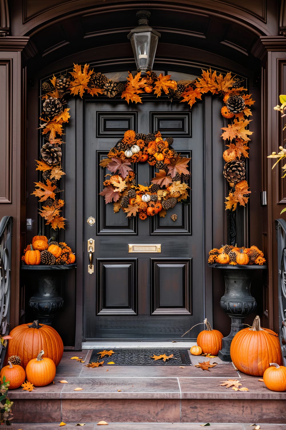 A grand front door decorates with autumn-themed ornaments. The dark wooden door is adorned with a vibrant wreath of orange and yellow leaves, small pumpkins, and pinecones. Matching garlands frame the doorway, while two black urns filled with more pumpkins and fall foliage flank the entrance steps, which are scattered with additional pumpkins and leaves.