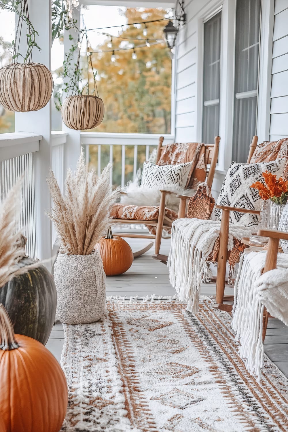 A cozy porch featuring two wooden chairs with patterned pillows and throw blankets, surrounded by seasonal decorations such as pumpkins and autumnal plants. Hanging decor includes round, beige, woven lanterns, and string lights add a warm touch. The flooring includes a patterned rug that matches the decor theme in shades of white and earthy tones.