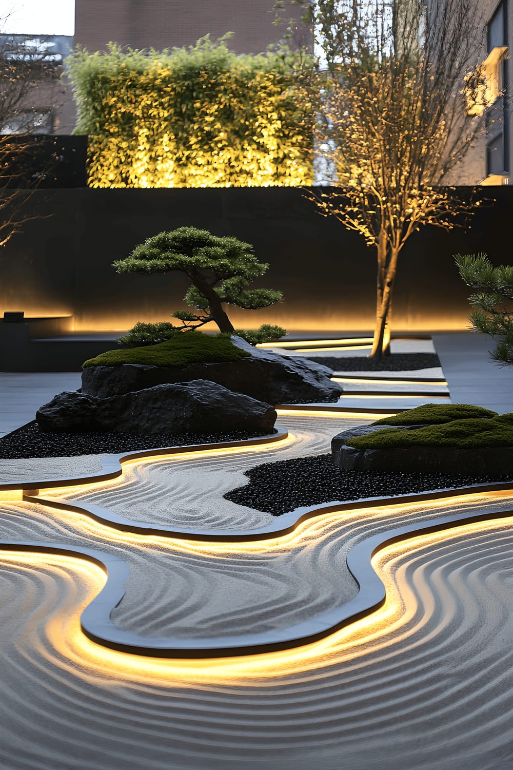 A tranquil backyard picture displaying a minimalist Zen garden. The garden comprises meticulously raked sand, carefully arranged black lava rocks, and delicately cultivated bonsai trees, all bathed in a soft golden light.