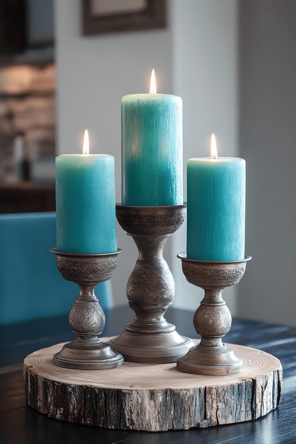 A captivating dining room scene featuring a slate table hosting a centerpiece of three pewter candle holders of different heights, each cradling a turquoise candle, set on a distressed wooden base. The room exudes a minimalist decor with deep blue accents, while a dramatic side lighting augments the rich tones of the candles and the sheen of the pewter.