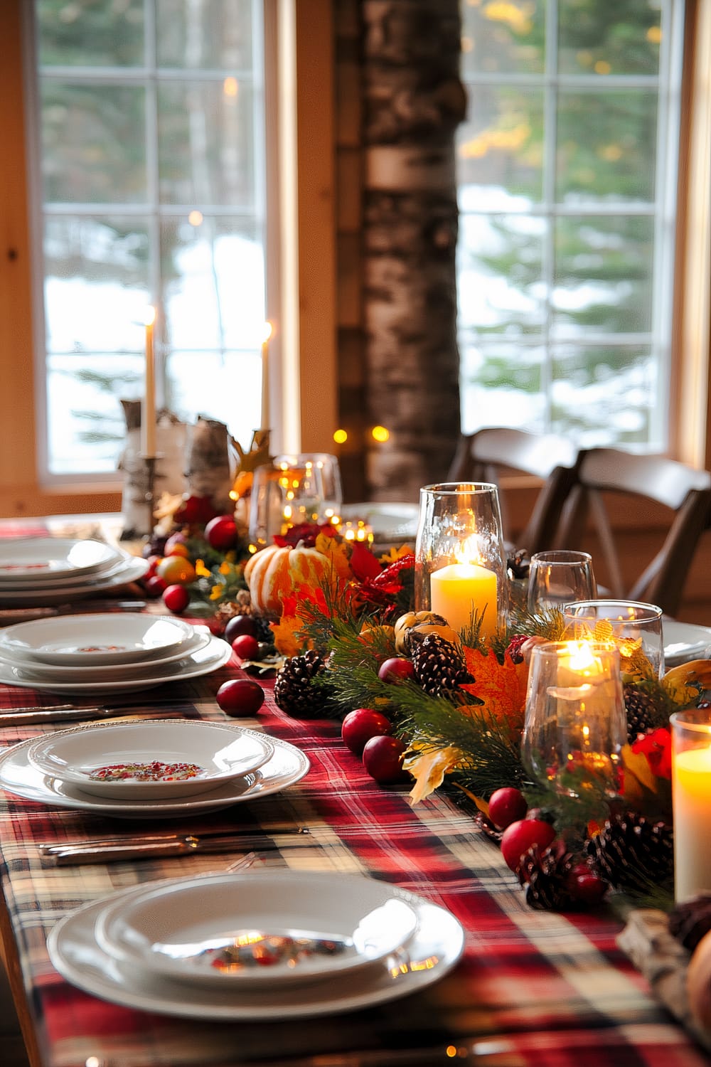 An autumn-themed dining table setup with a red plaid tablecloth and white plates stacked neatly at each place setting. The centerpiece features a lush arrangement of pinecones, small red apples, pumpkins, colorful leaves, and green foliage, accented by glowing candles in glass holders. A large window in the background reveals a snow-covered outdoor setting with trees.