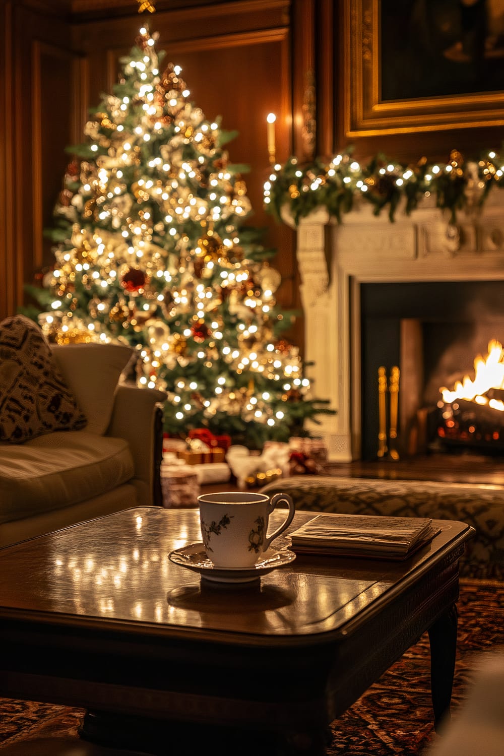 A warmly lit living room is adorned for Christmas. A large Christmas tree, decorated with gold and red ornaments and sparkling lights, stands in the background, next to a richly detailed fireplace with a roaring fire. The mantel is adorned with greenery and lights. In the foreground, a wooden coffee table holds a ceramic tea cup with a saucer and a stack of magazines. A plush sofa with patterned cushions is partially visible, contributing to the room's inviting ambiance.