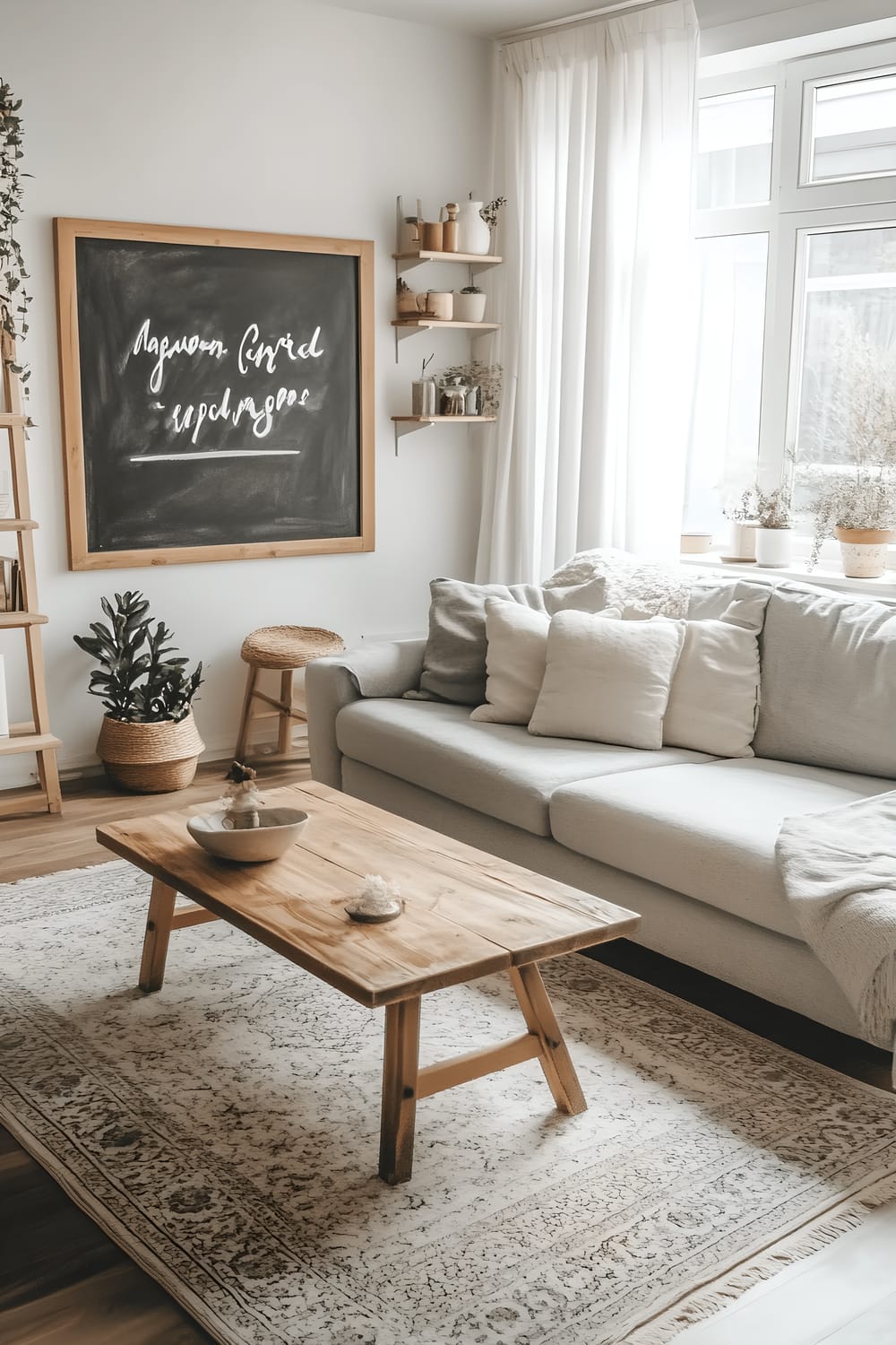 A neutral toned Scandinavian-modern style living room with a light gray sofa, a rectangle wooden coffee table, minimalist shelving decorated with a small succulent plant, books and a clock. A black chalkboard panel with an inspirational quote in white is displayed on the wall. Bright light swims through the large windows with sheer curtains, emphasizing the white wall and gray carpet. The room also features a floor lamp casting soft ambient light, adding a warm, inviting sense to the room.