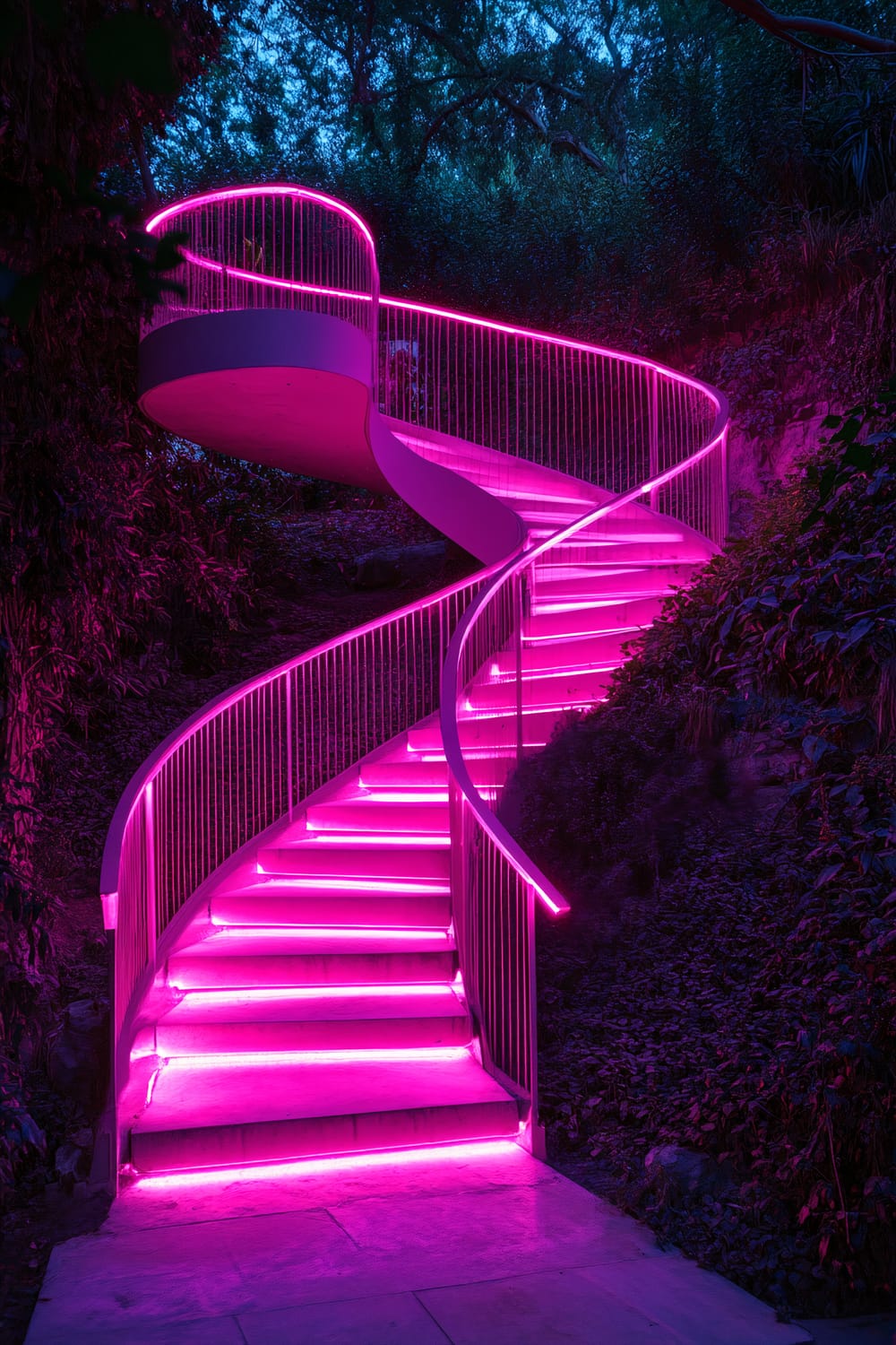 An outdoor spiral staircase illuminated by vibrant pink neon lights is set in a lush, dark green garden. The staircase features sleek, modern lines and curves elegantly upwards into the foliage, creating a striking and futuristic appearance against the natural background.