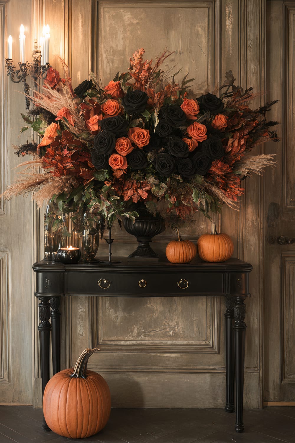 A dark and elegant hallway features a large floral bouquet with orange and black roses along with autumnal leaves, arranged in a black urn on a sleek black console table. Two small pumpkins rest on the table while a larger pumpkin sits on the floor. The backdrop is a paneled wall with a distressed finish, and the scene is lit by a classical wall-mounted candelabra with glowing candles.