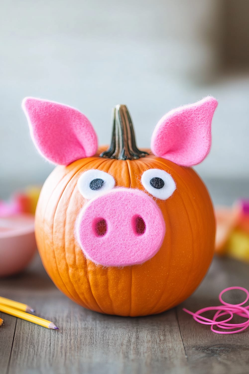 A pumpkin decorated to look like a pig, with large pink felt ears attached to the top, felt eyes featuring white circles with black centers, and a prominent pink felt snout with nostril holes. The pumpkin sits on a wooden surface, with colored pencils and a pink rubber band visible in the background.