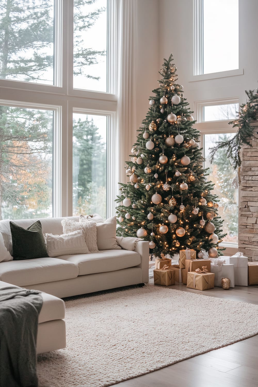 A beautifully decorated living room featuring a tall Christmas tree adorned with gold and white ornaments and twinkling lights. The room has large windows that let in natural light and offer a view of lush green trees outside. A white sofa with cushions sits next to the tree on a textured rug, with wrapped gifts arranged under the tree. The space has a calm and elegant ambiance with neutral tones and festive decor.