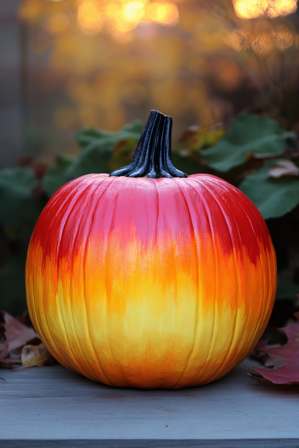 A brightly colored pumpkin with a black stem. The pumpkin is painted with a gradient effect, transitioning from a deep red at the top, through orange, to yellow at the bottom. The background is slightly blurred, featuring green leaves and a warm, golden bokeh effect suggestive of sunset or autumn foliage.