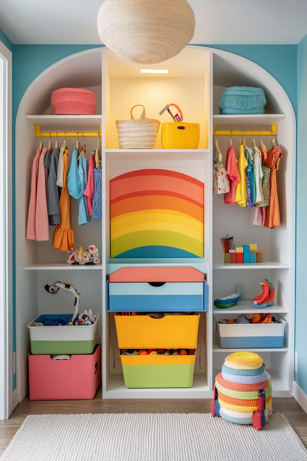 A child’s closet with bright rainbow-colored storage bins, cheerful decor, open shelving, and hanging rods at varying heights. There is a rainbow mural on the back wall. Hooks are available at different levels for accessibility. The closet floor has a soft, neutral rug, and a small step stool with colorful accents. Warm lighting brightens the space.