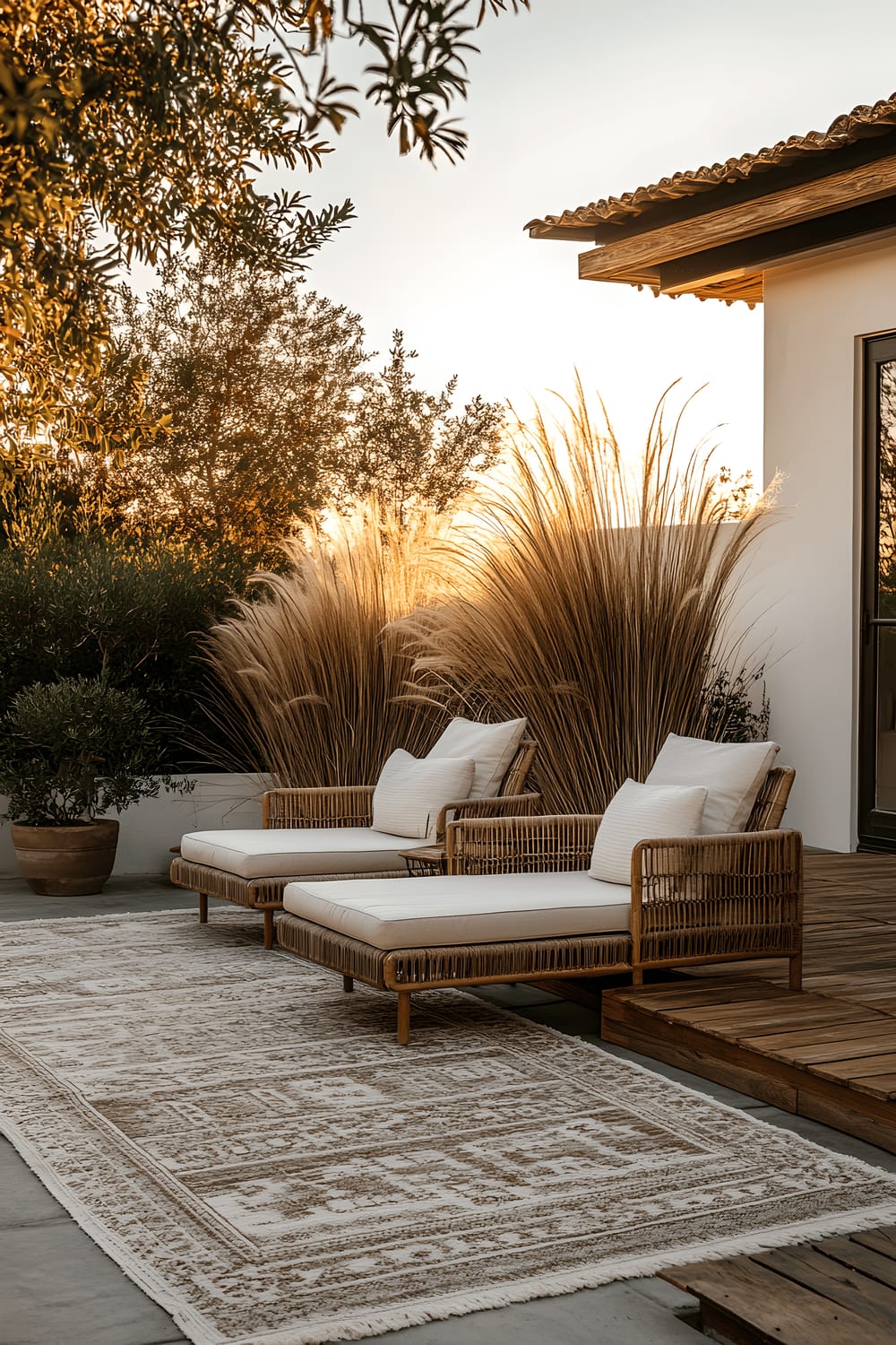 A minimalist styled backyard during sunset showcasing a smooth wooden deck adorned with rattan lounge chairs completed with soft linen cushions, strategically placed potted pampas grass, and a neutral-colored outdoor rug adding to the warm and relaxing ambiance.