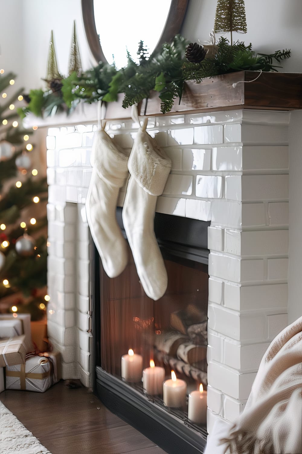 This image depicts a festive, Christmas-themed interior with a decorated fireplace. The fireplace is adorned with white subway tiles and features a wooden mantelpiece topped with a green garland, mini Christmas trees, and pine cones. Two white stockings hang from the mantle, and five lit candles are inside the fireplace. In the background, a decorated Christmas tree with lights and ornaments is visible, along with wrapped gifts at its base.