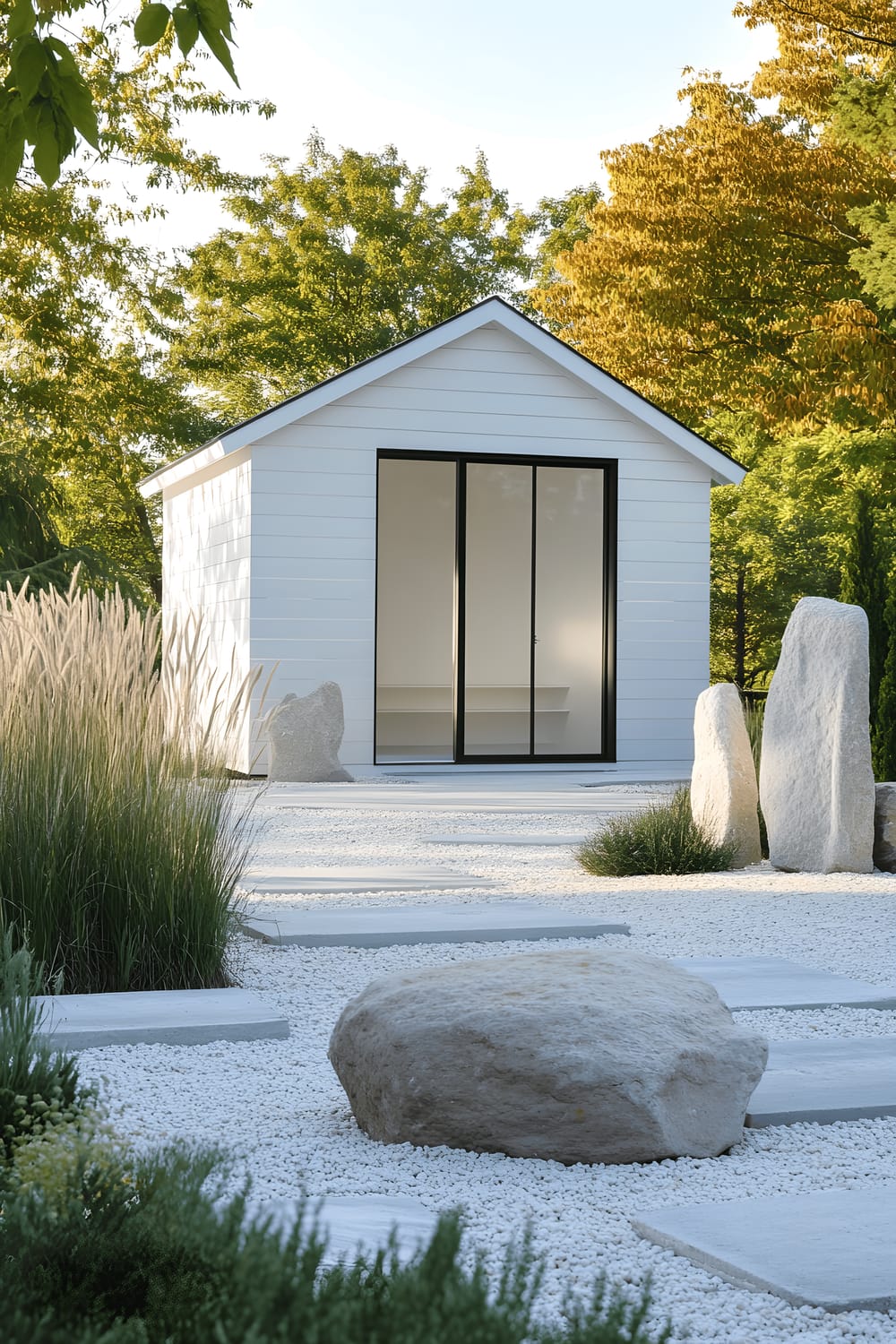 A minimalist garden featuring a streamlined, white shed with wide, clear glass doors. The shed is situated amidst neatly arranged gravel patches, several modern abstract sculptures, and a few strategically-positioned ornamental boulders, all bathed in a soothing mid-morning light that casts gentle shadows.