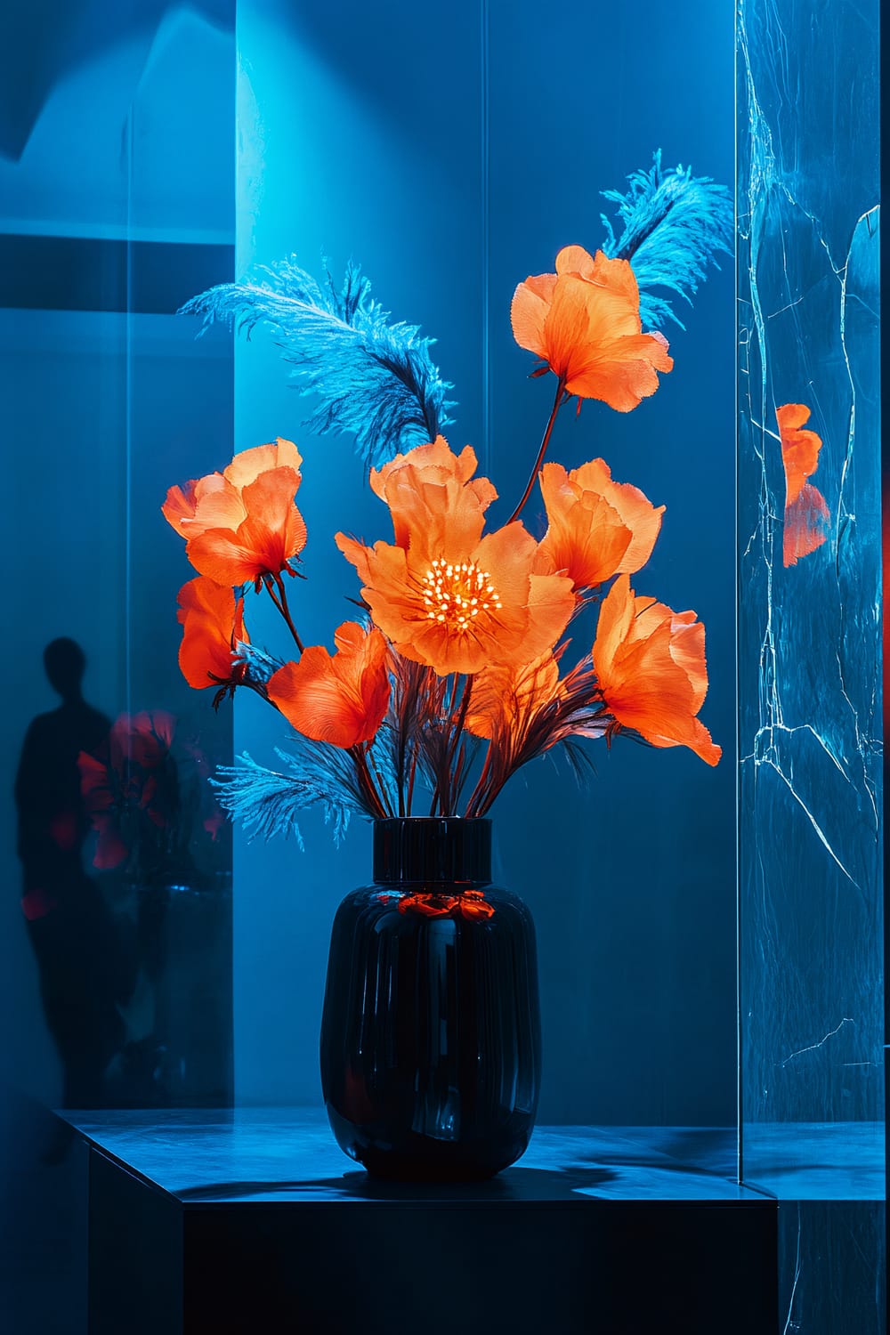 A minimalist kitchen highlighted by moody blue lighting features a black ceramic vase as the centerpiece, holding vibrant orange LED-lit flowers. Surrounding the vase, eerie floating feathers add an intriguing element. A cracked mirror reflecting a shadowy figure adds to the mysterious atmosphere.