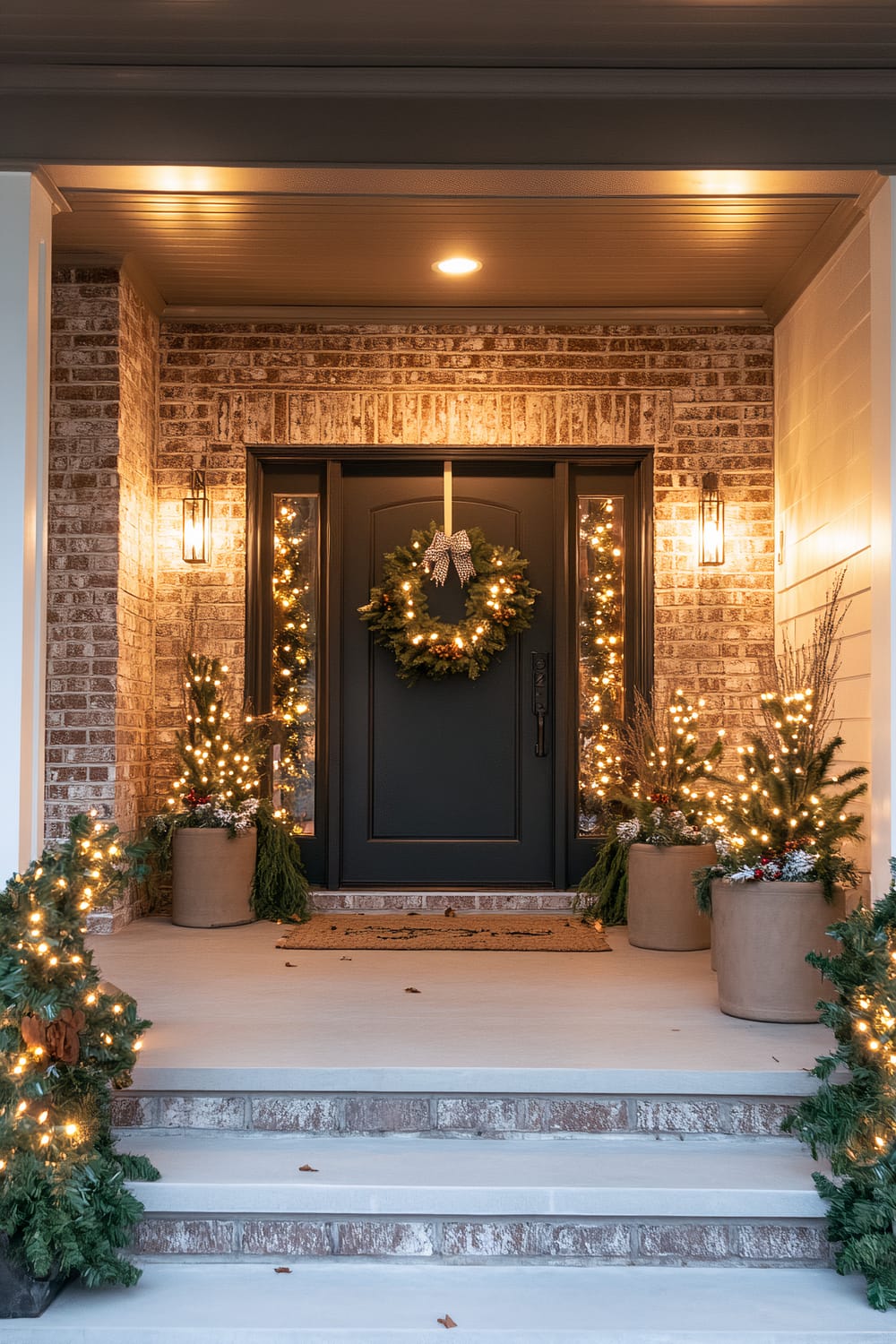 A home entrance decorated for the holiday season, featuring a black door with a large green wreath adorned with a silver ribbon. The surrounding brick walls are illuminated by warm yellow string lights wrapped around small fir trees placed in large pots. Two sconces provide additional lighting on either side of the door, enhancing the festive atmosphere.