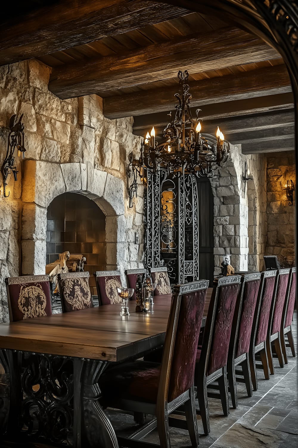 A medieval-inspired dining room featuring an arched stone doorway, a wrought-iron fireplace, dark wooden beams, and walls with exposed stone textures. A long wooden table with carved legs and surrounded by high-back chairs upholstered in deep burgundy fabric sits at the center, under a wrought-iron chandelier with candle-style bulbs.