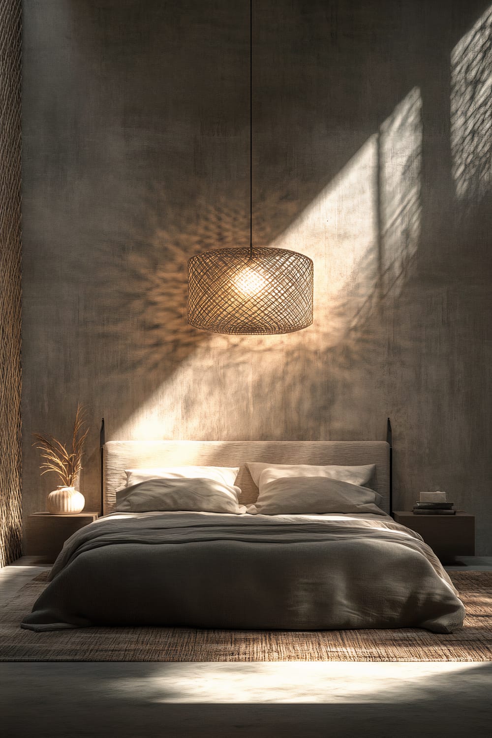 The view of a modern neutral bedroom with a striking geometric pendant light installation, illuminating the room with intricate light patterns on the ceiling and wall. The bed features cozy bedding in layered textures, in muted earthy tones. The background showcases a minimalist, sophisticated, and inviting ambiance, with light and shadows balanced seamlessly.