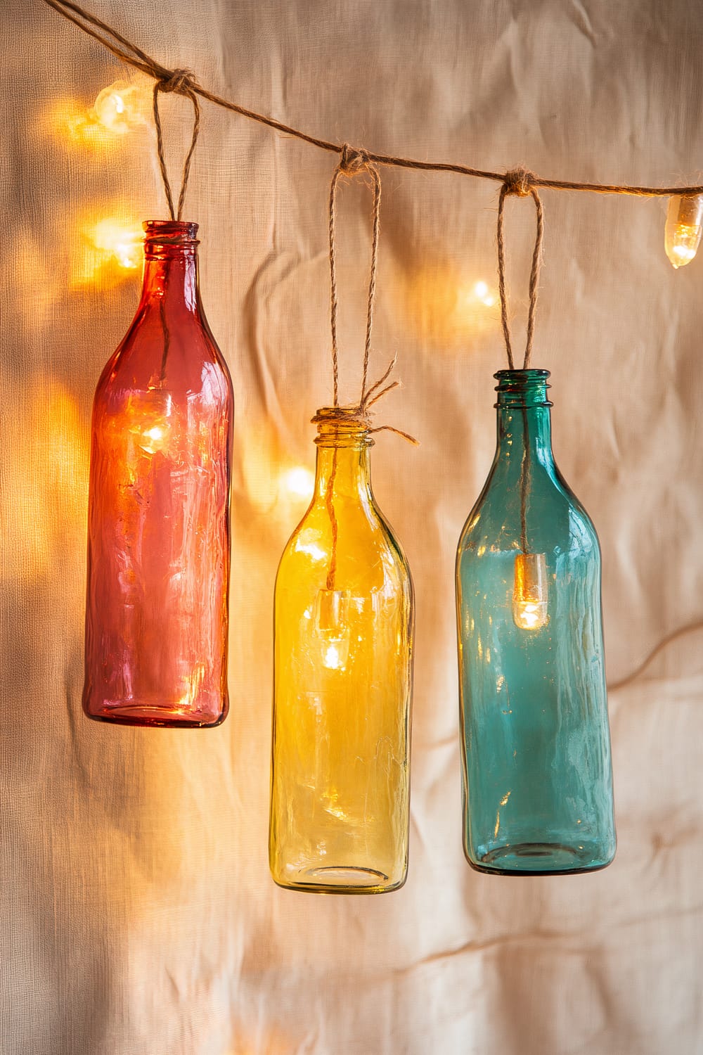 Three upcycled glass bottles painted in bold colors (red, yellow, and teal) hang vertically from twine against a neutral backdrop. Each bottle contains a small light bulb, illuminating the bottles and creating a warm, cozy ambiance with soft lighting.