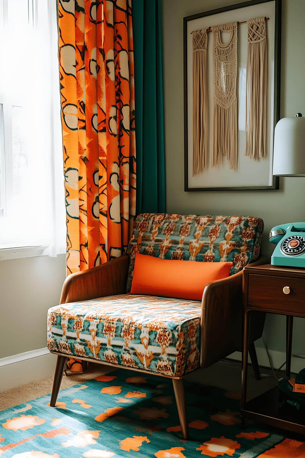 A retro-inspired small living room painted in bright orange and teal, featuring a mid-century modern loveseat, a patterned velvet ottoman, a vintage rotary phone placed on a minimalist side table, and hanging macramé wall art. A window with colorful curtains casts fascinating shadows across the room, adding an element of depth and intrigue to the space.