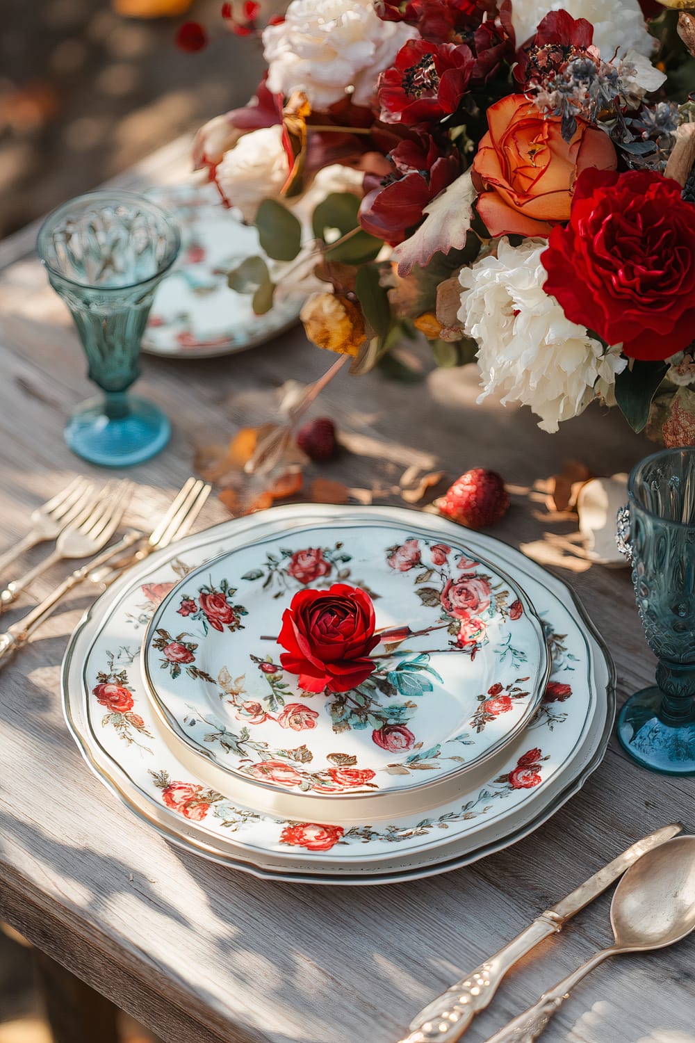 Table set with vintage-inspired Thanksgiving decor featuring bold red and turquoise colors. The table includes floral-patterned plates with a vibrant red rose on top, antique silverware, blue vintage glassware, and a lush floral centerpiece with red, orange, and white flowers.