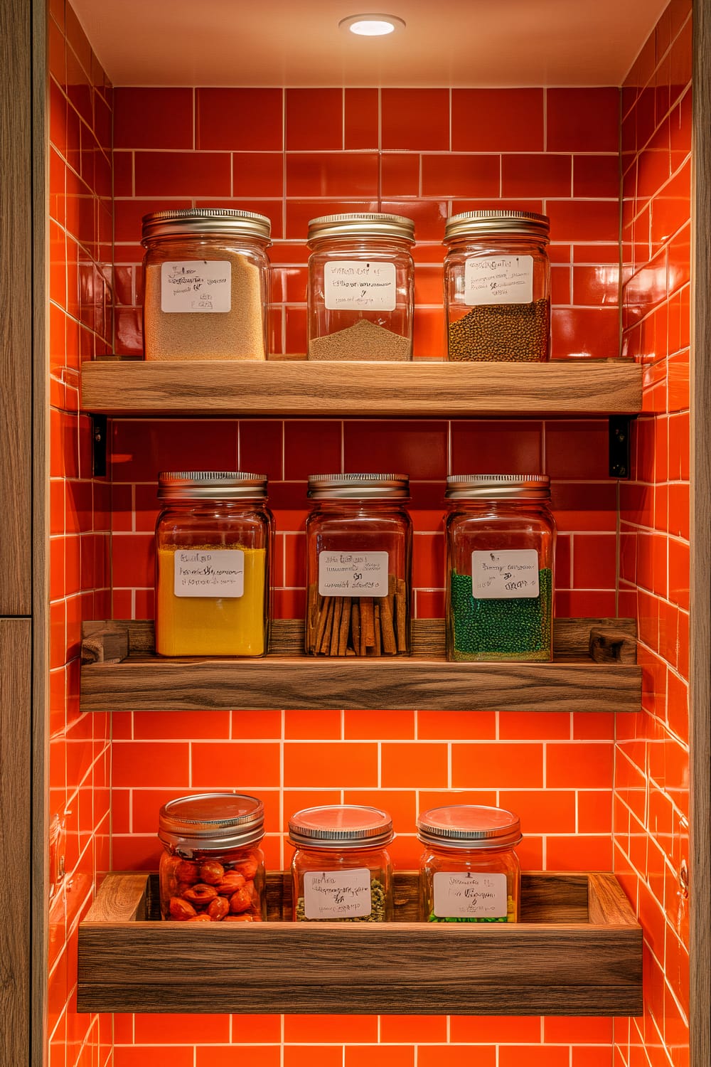 A retro kitchen pantry with three open glass jars labeled with hand-written tags, two wooden spice racks holding five colorful spice containers each, and a bright orange tiled shelf. Strong overhead lighting highlights the organized space, which has a bold color scheme and an uncluttered, functional layout.