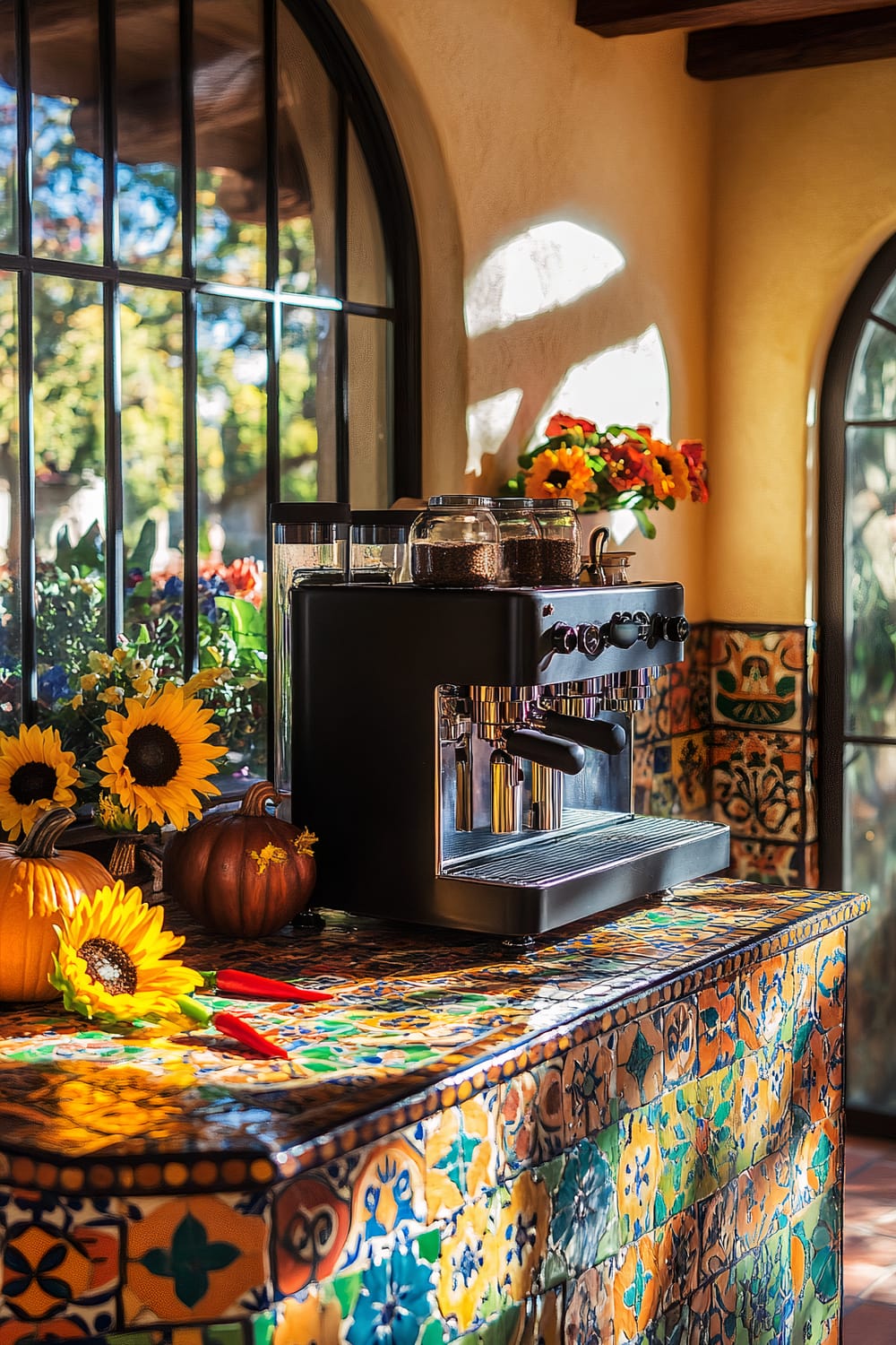 A kitchen with a vibrant and colorful Mexican tile countertop. On the countertop, there is a black espresso machine, glass jars filled with coffee beans, a couple of pumpkins, and bright yellow sunflowers. In the background, there are arched windows with sunlight streaming through, illuminating the space. There are also more colorful tiles on the walls and lively autumn decorations, such as red chili peppers and orange flowers, adding to the festive, warm atmosphere.