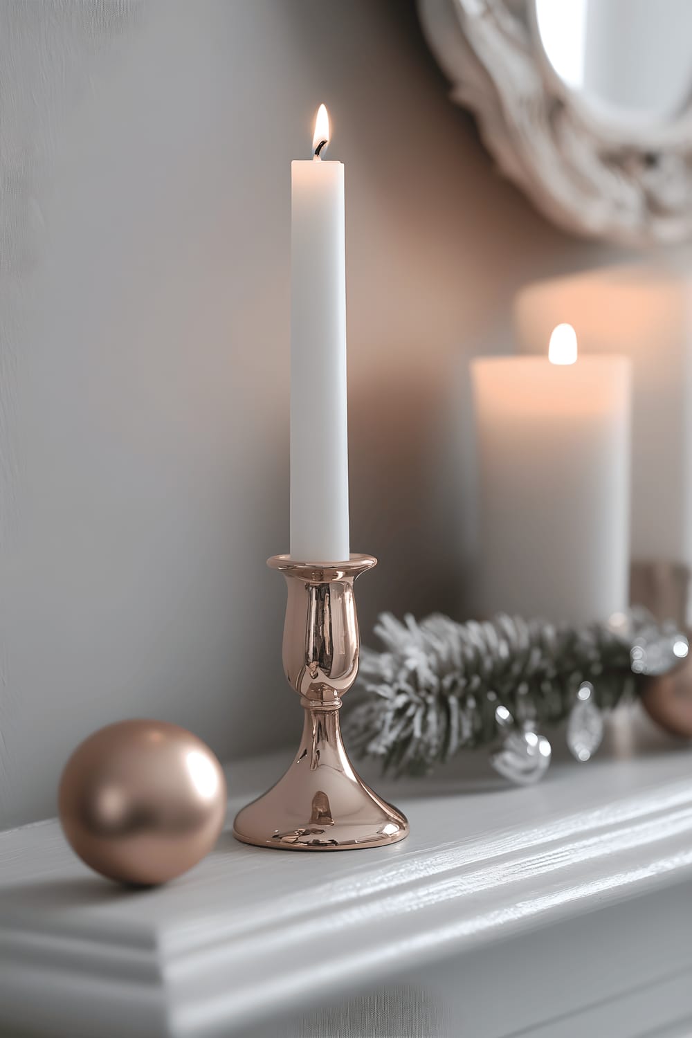 A sleek metallic rose gold candle holder with small heart-shaped ornaments, holding a single white taper candle, stands on a light gray mantel. The soft white light from the candle creates a warm illumination, contrasting beautifully with the rose gold of the holder and the neutral hues of the background.