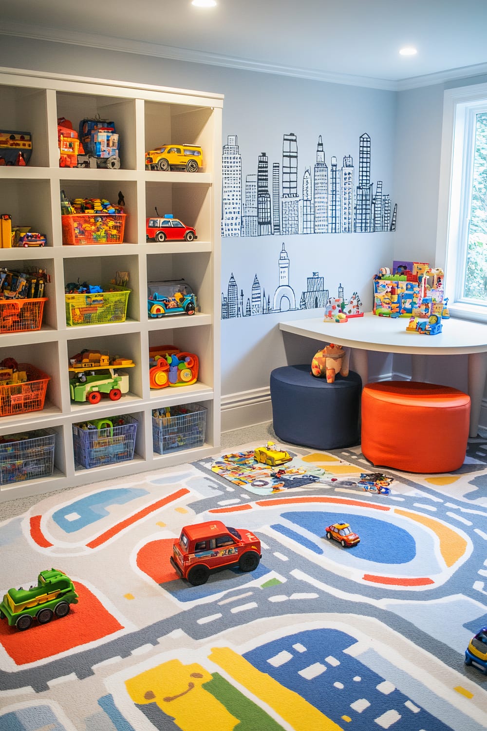 A playroom with a city travel theme. The walls feature black-and-white skyline decals of various city buildings. There are white shelves filled with colorful toy cars, trains, and building blocks. A soft rug with road patterns is on the floor, and several toy vehicles are scattered across it. A small round table with colorful stools is in the corner near a window.