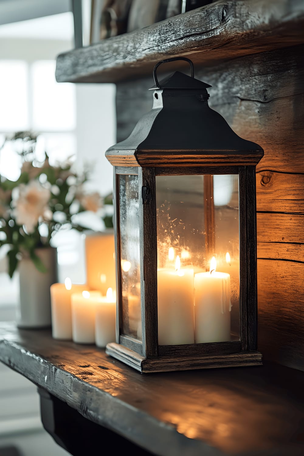 A vintage lantern filled with lit candles sitting on a wooden mantelpiece, creating a warm ambiance.