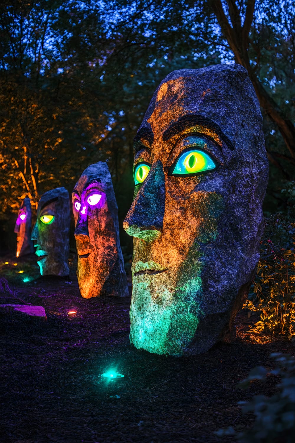 A series of large stone faces with glowing eyes are arranged in an outdoor setting. The faces are illuminated by colored ground lights in shades of bright green, neon yellow, deep blue, and light purple. The stone faces are evenly spaced, and the surrounding area consists of dark soil with sparse vegetation. The vivid colors of the glowing eyes contrast sharply with the natural grey tones of the stone, creating an enchanting and spooky atmosphere.