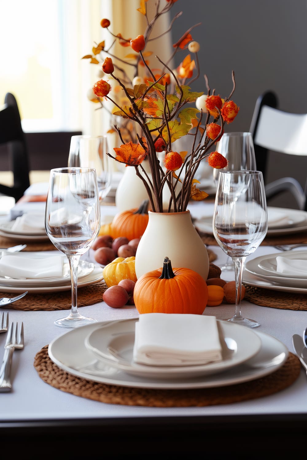 An elegantly set dining table adorned with a beautiful autumn-themed centerpiece. The centerpiece consists of a white vase filled with colorful artificial branches, berries, and leaves, surrounded by mini pumpkins and assorted nuts. The table is set with white plates, linen napkins, and clear wine glasses, laid upon woven placemats.