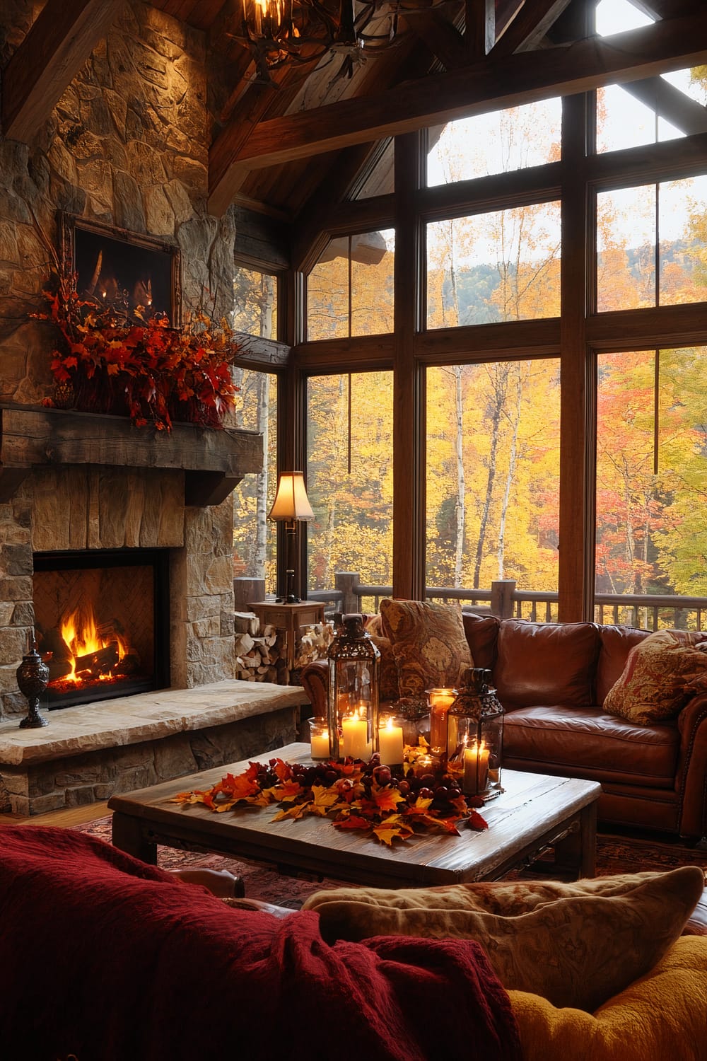 An inviting living room with large windows showcasing an autumn forest. A stone fireplace with a warm fire is the focal point, adorned with fall foliage on the mantel. A rustic wooden coffee table in front of a brown leather sofa holds candles and autumn leaves. Warm lighting enhances the cozy atmosphere.