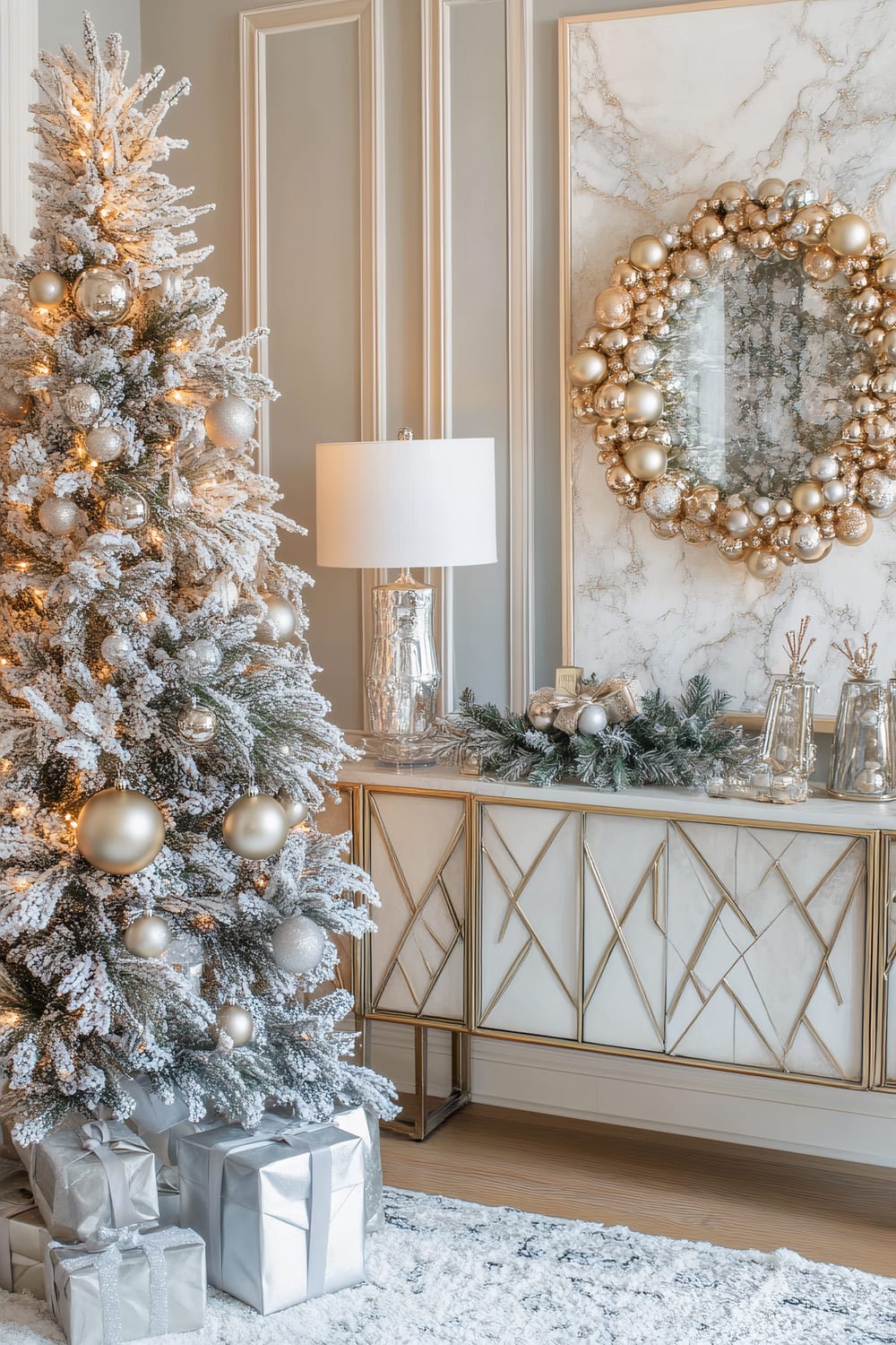 A luxurious Christmas scene featuring a frosted, snow-covered artificial Christmas tree, adorned with elegant gold and silver baubles and warm white lights. The tree is flanked by a modern sideboard with geometric gold accents and a marble top. A large decorative mirror with a festive wreath made of gold and silver baubles hangs above the sideboard. The top of the sideboard is decorated with a silver lamp, a small evergreen arrangement, and glass vases with metallic accents. Wrapped presents in silver and gold sit beneath the tree, placed on a plush, textured white rug.