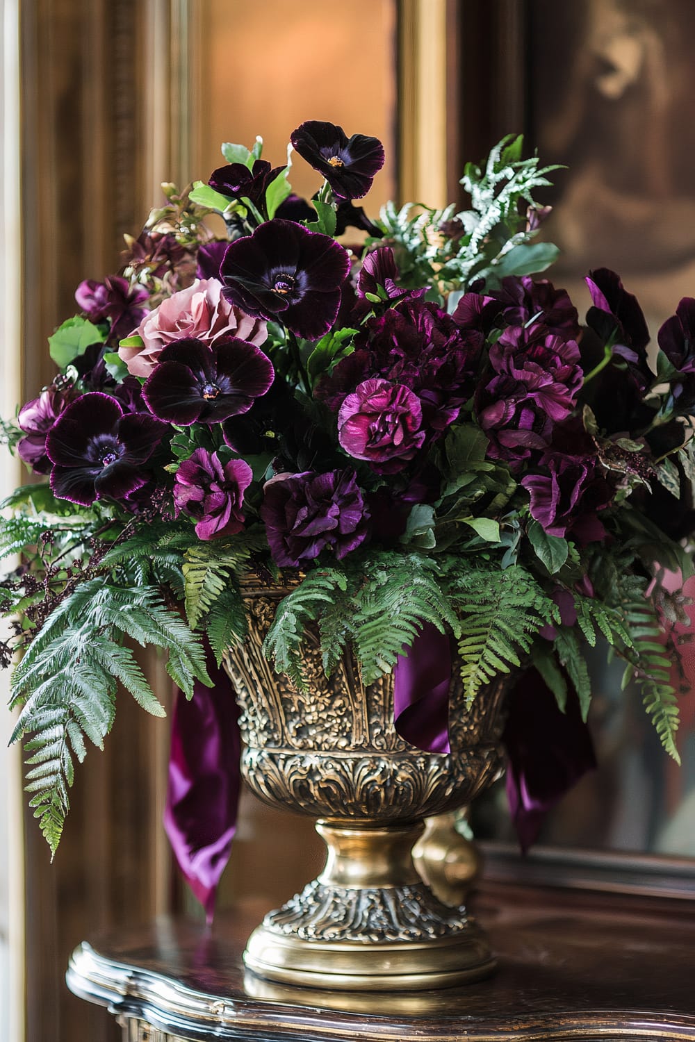 A luxurious floral arrangement features deep purple and pink blossoms, accented with lush greenery, in an ornate, gold-toned vase. The vase stands on an elegant dark wooden table, adding to the opulent feel of the scene.