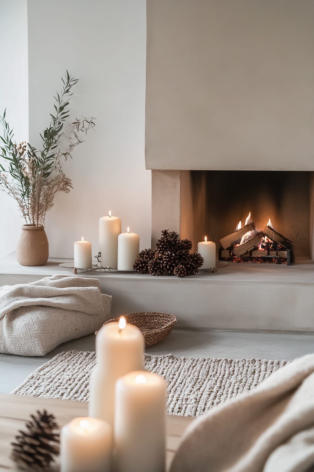 An inviting scene featuring a beige fireplace with a cozy, gentle fire burning. The mantel is decorated with lit white pillar candles and pinecones. To the left is a vase with dried foliage. A knitted blanket, straw basket, and textured rug complement the space, adding warmth and comfort.