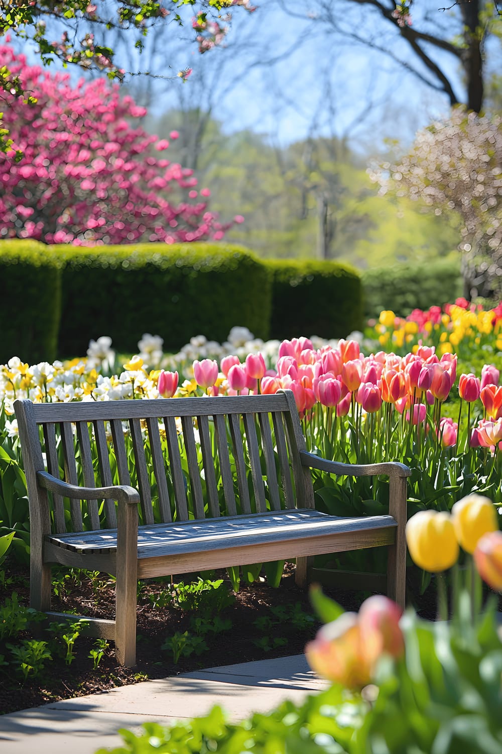 A quaint wooden garden bench positioned amid a lush garden filled with blooming spring flowers including tulips, daffodils, and peonies. The bench is set against the backdrop of green hedges and flourishing trees under a bright daylight sky.