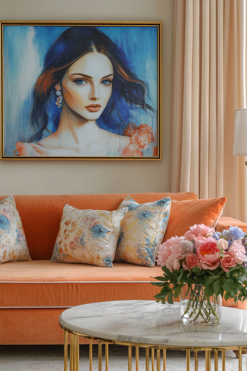 A living room decorated in soft peach tones features a velvet sofa with floral cream and blue pillows. Above the sofa is a large painting of a woman with bold shades of blue, red, and peach, framed in gold. A marble-top coffee table with gold legs sits in front, adorned with a glass vase of fresh pink flowers. Pale peach curtains frame the walls.