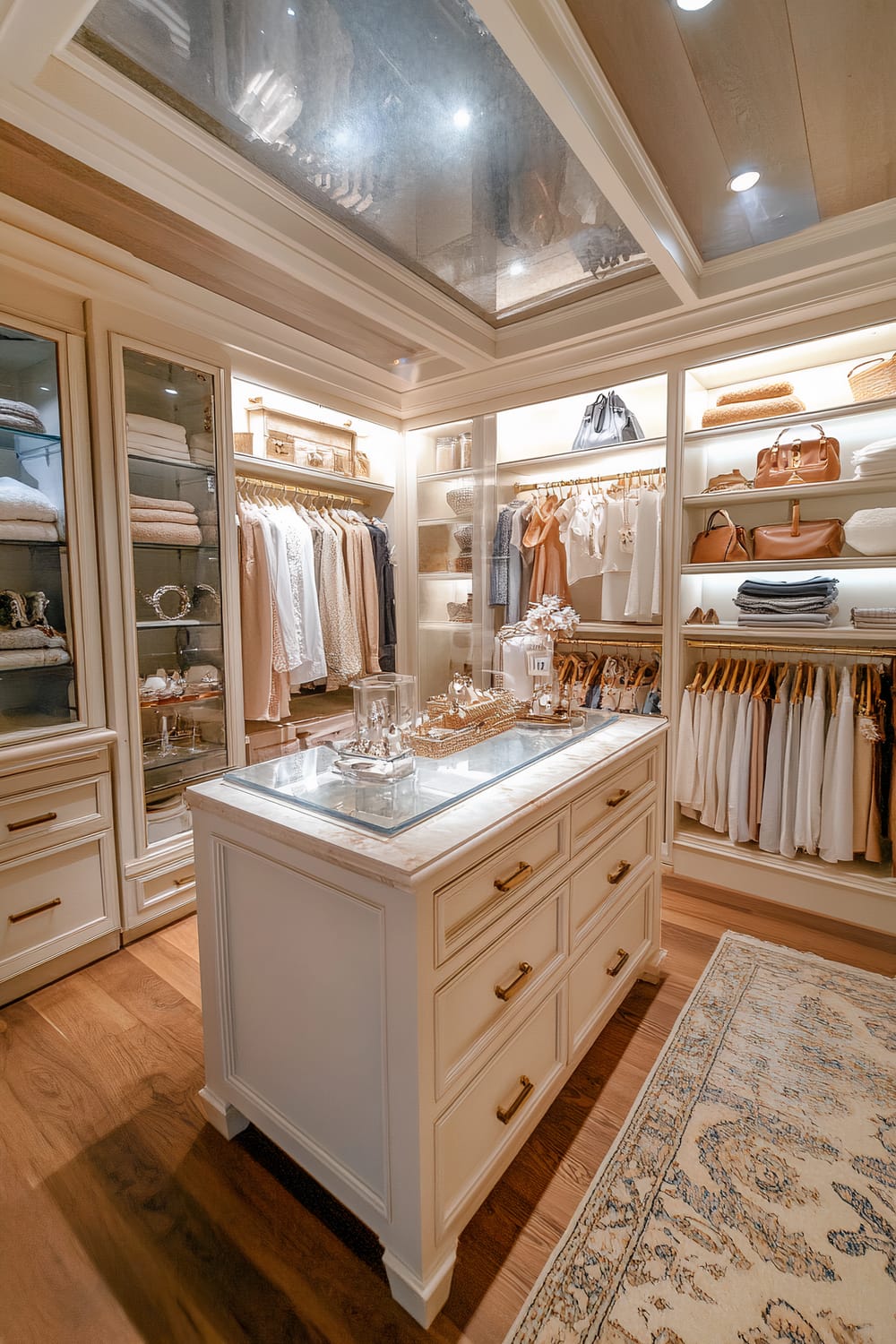 A small walk-in closet features a central island with a glass top displaying jewelry. Shelves on the island store accessories and folded clothes. Floor-to-ceiling shelves on the walls provide space for shoes, bags, and clothes, with additional drawers for smaller items. Soft, recessed ceiling lights create a warm ambiance, highlighting the neat and elegant organization of the space.