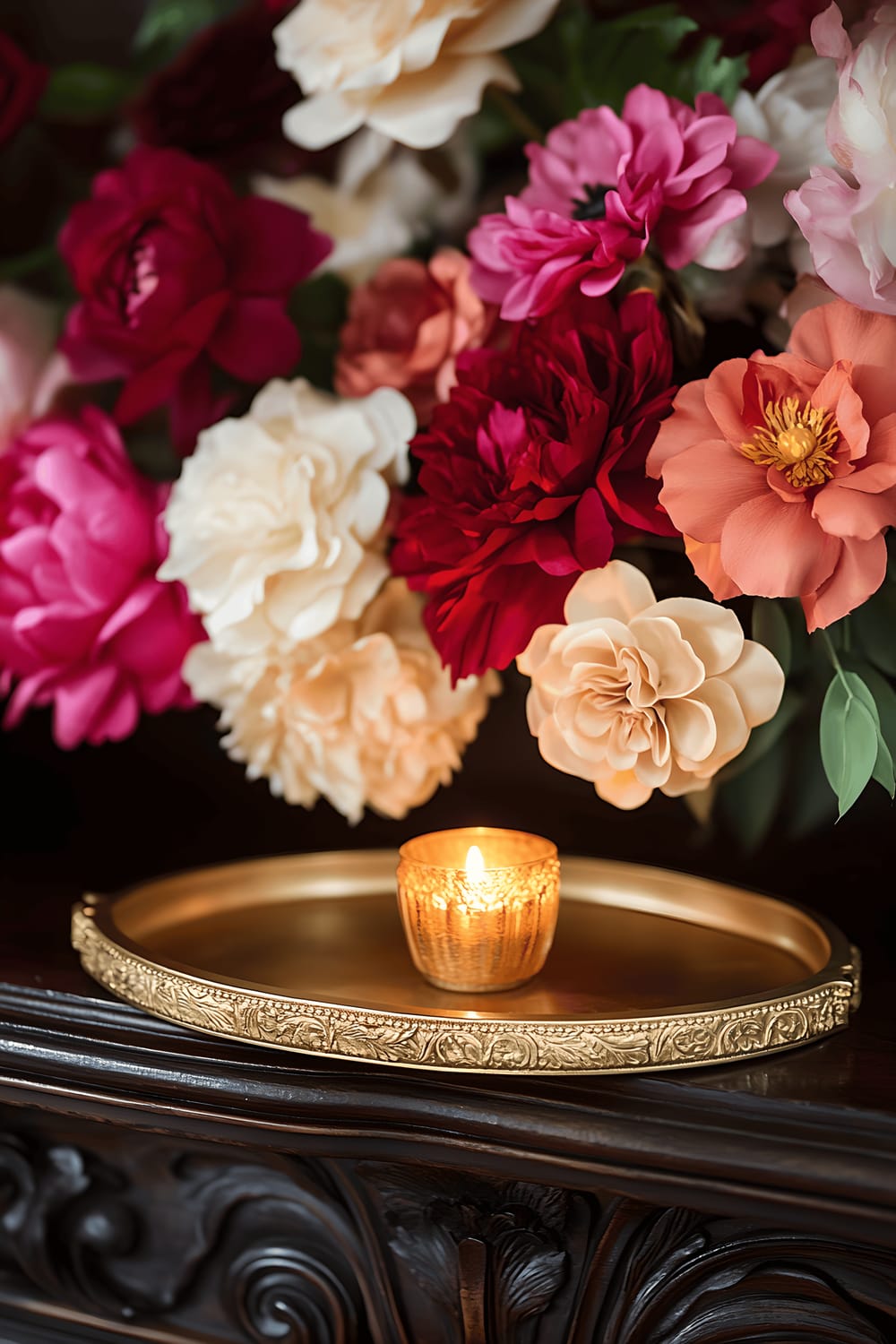 An ornate gold leaf tray is placed on a dark wood mantel. The tray displays a delicate arrangement of silk flowers in various red and pink shades. At the center, a lit tealight candle in a gold holder illuminates the scene, reflecting the warm light off the gold tray and enhancing the intricate detail of the silk flowers.